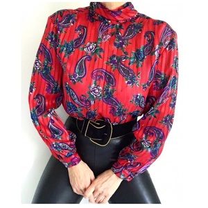 Vintage Semi Sheer Paisley Print High Neck Blouse